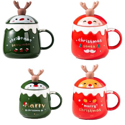 China Sustainable Ceramic Coffee Mug Merry Christmas Pattern Tea Cup Espresso Mug With Deer Figurine Lid And Spoon For Christmas Birthday for sale