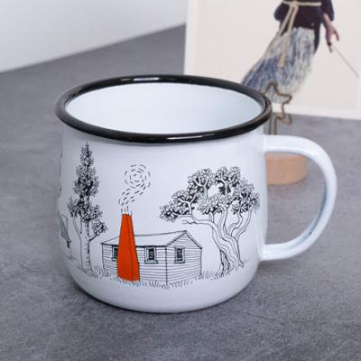 China Viable Landscape Tree Enamel Hand Painted Coffee Mug Thickened Big Belly Enamel Mug for sale