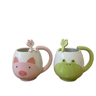 China CREATIVE Custom Cute Frog Ceramic Mug With Spoon Cartoon Frog Shaped Animal Coffee Mug for sale