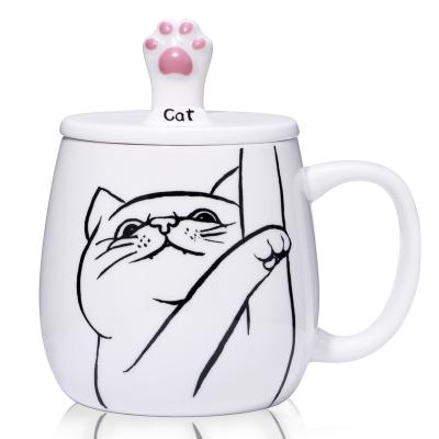 China 3D CREATIVE Cat Ceramic Animal Mug Cute White Cat Paw Coffee Mug Custom Mug with Lid for sale