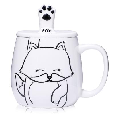 China Cute Fox Paw Coffee Mug Custom White 3D Fox CREATIVE Ceramic Animal Cup Mug With Lid for sale