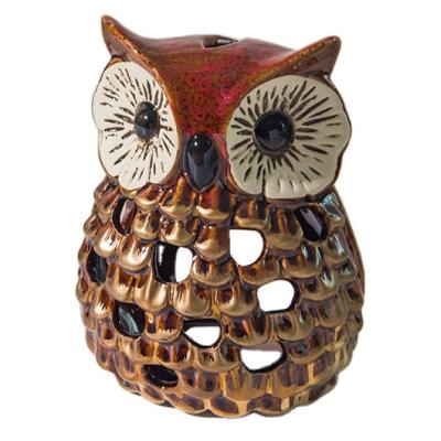 China Minimalist Brown Vintage Gold Ceramic Owl Design Decorative Tealight Candle Holders for sale