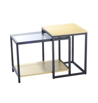 China (Other) adjustable set of 2 nesting glass and wood top coffee tables set with metal legs for sale