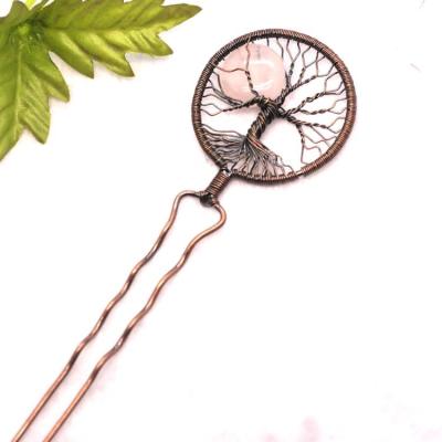 China Rose Quartz Copper Wire Wrapped Tree Of Life Round Shaped Hair Pins for sale