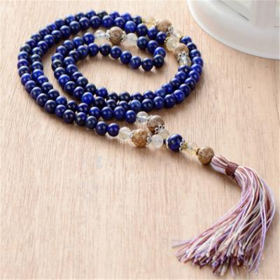 China 108 Lazuli Beads Necklace 6MM Luzuli Ceramic Quartz Stone With Colorful Tassel Mala Necklace for sale