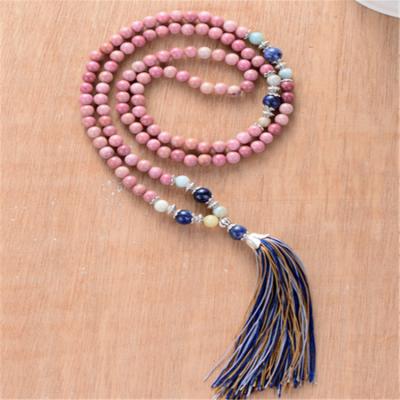 China Mala Necklace Unique Rhadonite Stone Ceramic with Colorful Tassel 108 Beads Necklace for sale