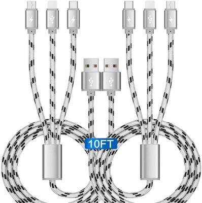 China Mobile phone in stock 3 in 1 USB cable fast charging original product 10TF alloy braided cable for phone data cable for sale