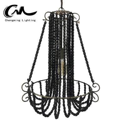 China Residential Vintage Small Metal Cheap Chandeliers With Wooden Beads Decorated Pendant Lights for sale