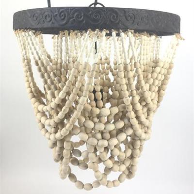 China Large Residential Gorgeous Antique White Wash Pearl Wooden Chandelier Iron Wood Beaded Chandelier for sale