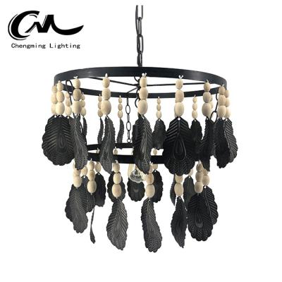 China Wood Residential Beaded Chandelier Metal Black Gold Leaf Pendant Lights for sale