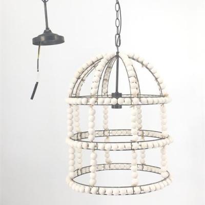 China Residential Vintage Wash White Wood Beads Trace Round Chandelier Iron Light for sale