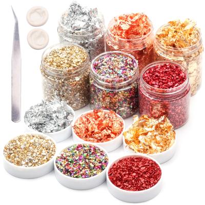 China DIY 6 Box Handmade Foil Flakes Crushed Glass Glitter For Metallic Foil And 3 Bottles Craft 3 Colors Irregular Metallic Crisps Tweezers for sale