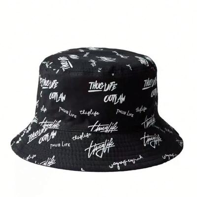 China 100% White Picture Cotton Reversible Black Color Adults Graffiti Girls Bucket Hat With Custom Logo for sale