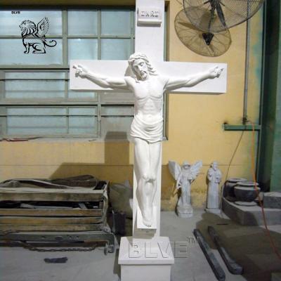 China Modern Life Size Church Decoration Stone Carving Catholic Religious Cross Jesus Sculpture Marble Statue for sale