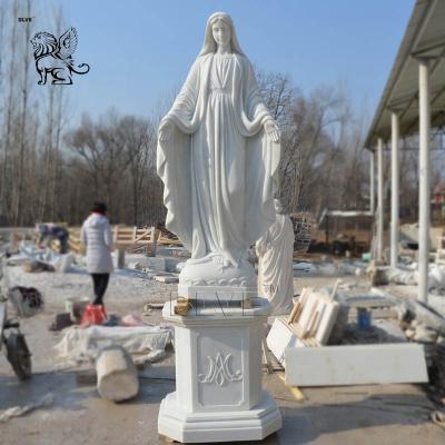 China White Marble Religious Virgin Mary Stone EUROPEAN Hand Carved Natural Stone Garden Sculpture Statue with Base for sale