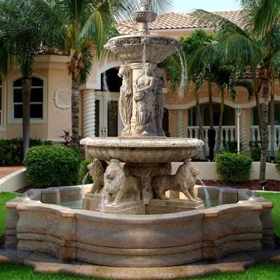 China Modern Outdoor Large Size Marble Lady Water Fountain With Lion Statue for sale