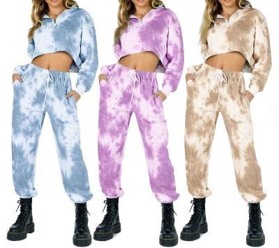 China Anti-Wrinkle Women Tie Dye Custom Stand Up Collar Half Zip Sweatshirt Set Casual Jogger Cropped Sweatshirt Sets Women for sale