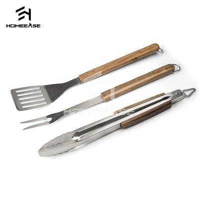 China Easily Cleaned Cooking Kitchen Utensil Set Stainless Steel Folding Handle 3pcs BBQ Outdoor Wood Tool Kit for sale