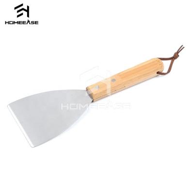 China Sustainable Wooden Handle Pizza Cutter Camping Scraper Steak BBQ Grill Spatula for sale