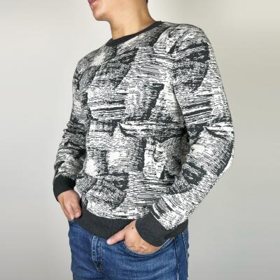 China Machine washable NEW print like fashion black and white jacquard knit men's sweater pullover. for sale