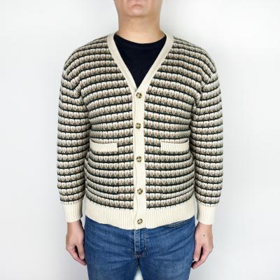 China NEW Machine Washable Pockets Stripes Exotic Jacquard Knit Mens Sweater Cardigan for sale