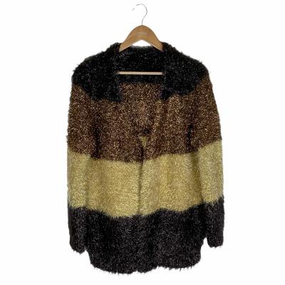 China Machine Washable Stripe OEM/ODM Fuzzy Metallic Cardigan Sweater For Women for sale