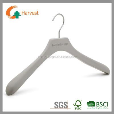 China DISPLAY Gray Rubber Coated Wooden Cloth Hanger With Laser Logo for sale