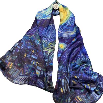 China Howell Design Long Starry Night Luxury Silk Scarf Warm Oil Painting 100% Silk Long Scarf For Woman for sale