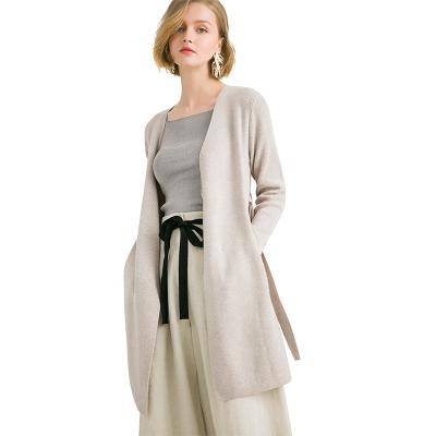 China 2020 Winter Autumn V-Neck Merino Wool Anti-Shrink Coat Women's Long Sweater Cardigan Sweater With Belt for sale