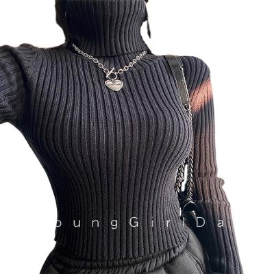 China 2021 New Design Anti-Shrink Turtle Neck Girls Knit Knitwear Ribbed Tops Long Sleeve Women's Cropped for sale