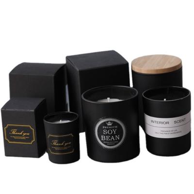 China Home Decoration Various Sizes And Custom Logo Empty Candle Container Frosted Matte Black Glass Candle Jars For Candle Making With Wooden Lids for sale