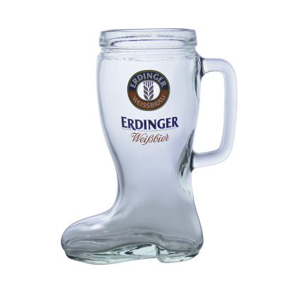 China Customized Beer Logo 600ml Glass Drinking Glasses With Creative Handle Shape 20oz Brand Football Boot Promotional Custom Beer Glass for sale