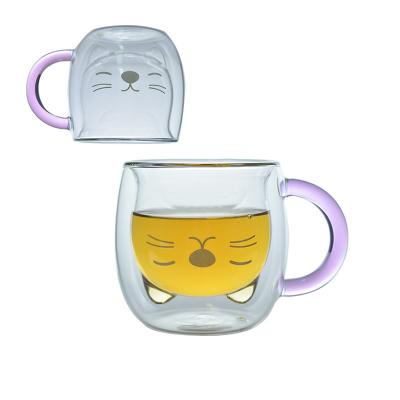 China Custom Viable Borosilicate Glass Cat Shape Double Wall Glass Handmade Coffee Mug Viable And Color Available High for sale