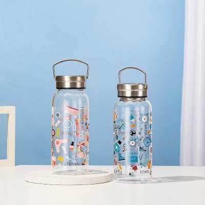 China Viable High Quality Portable Water Bottle Cup 1000ML Glass Bottle Cartoon Clear Glass Water Bottle Large Capacity for sale