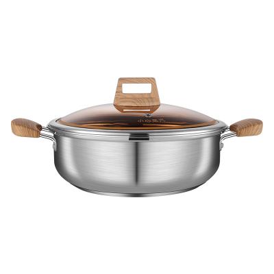 China New Sustainable Induction Stainless Steel Hot Pot With Wood Grain Handle for sale