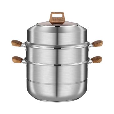 China New Sustainable Multi-Layer Stainless Steel Steamer With Wood Grain Handle for sale