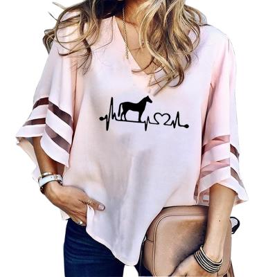 China Anti-pilling women's blouses flared sheath ladies blouses shirt summer color Mesh Fashion Design Loose Soild for sale