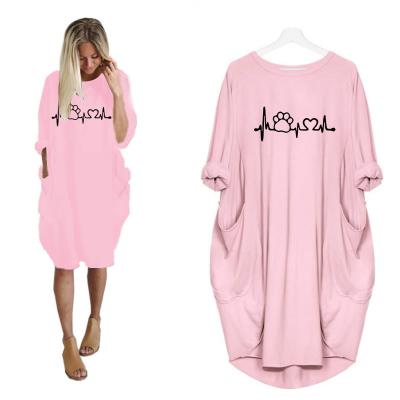 China Spring Sleeve Pockets Plus Size Anti-Wrinkle Women's Long Loose Loose Oversized Dog Dress Print Loose Crew Neck Midi Elegant Casual Dresses for sale