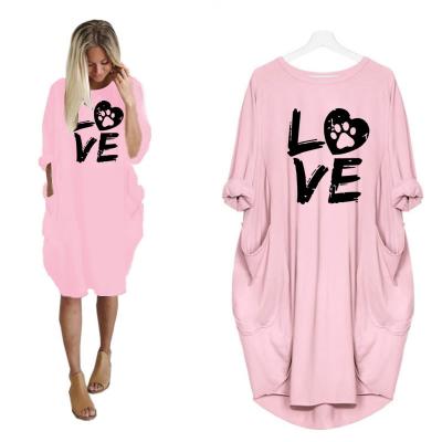 China Anti-Wrinkle Women's Plus Size Spring Sleeve Pockets Dress Long Love Dog Paw Print Oversized Loose Elegant Crew Neck Casual Dresses for sale