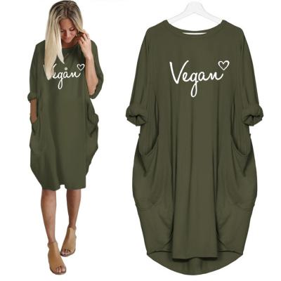 China spring sleeve plus size Anti-wrinkle women's long pockets dress vegan heart print oversized loose elegant crew neck casual wear for sale