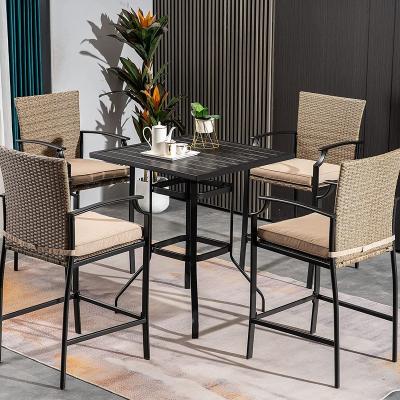 China Modern Patio Dining Set, Outdoor Steel Dining Table Set, Wicker Furniture Set with Square Steel Wood Grain Table and 4 Armchairs for sale