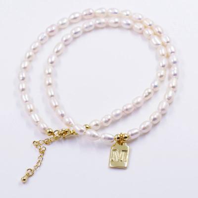 China BOHEMIA Contracted Elegant Freshwater Pearl Beaded Necklace Plating Lucky 26 Letter Jewelry Pendant Chain for sale