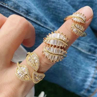 China Gold Plated Copper Finger Ring Engagement Jewelry Leaf Shape Romantic Micro Cubic Zirconia Insert Ring for sale