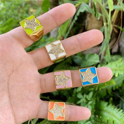 China Romantic Square Shape CZ Star Carving Enamel Finger Ring Adjustable Brass Jewelry Fit For Girl/Women for sale