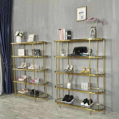 China Fashion Display High End Gold Stainless Steel For Home Shop Bar Glass Cabinet Shoes Rack Shelf Display Cabinet for sale