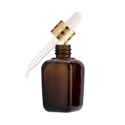 China 30ml 50ml 100ml Amber Square Cosmetic Packaging Container Dropper Glass Cosmetic Glass Bottle with 18mm Pipette Gold Screw Cap for sale