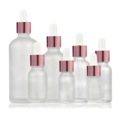 China Cosmetic 10ml 15ml 20ml 30ml 60ml Frosted Kaca Dropper Bottle Botol Pink Glass Serum Tutup Rose Gold Dropper for sale