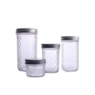 China High Quality 4oz 8oz 16oz Freshness Storage Round Clear Empty Diamond Glass Mason Honey Storage Jar With Aluminum Lid for sale