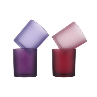 China Home Decoration Wholesale Luxury Cylinder Frosted Rose Red Gray Purple Cyan 200ml Blue Wide Mouth Candle Jars Glass With Wooden Lids for sale