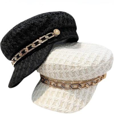 China Peaked Beret Hat New High Quality Korean Flat Top Fashion Style Metal Chain Navy Hat Parmatch For Women for sale